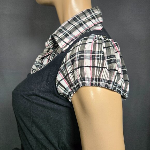 Y2K Button Up Blouse Top Size L Black White Plaid Short Sleeve Stretch Tie Back - Picture 4 of 9